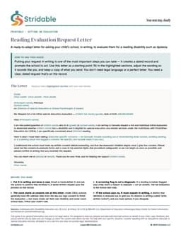 Reading Evaluation Request Letter printable template